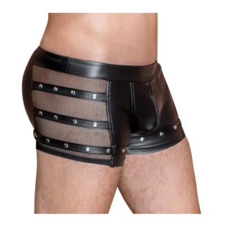 Zwarte Wetlook Short met Mesh, Studs en Rits - Afbeelding 3