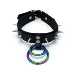 Zwarte Leren Halsband met Spikes en Regenboog O-Ringen van Kiotos Leather, GTIN: 8721284280293