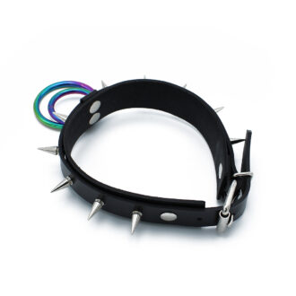 Zwarte Leren Halsband met Spikes en Regenboog O-Ringen - Afbeelding 5