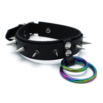 Zwarte Leren Halsband met Spikes en Regenboog O-Ringen - Afbeelding 7