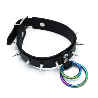 Zwarte Leren Halsband met Spikes en Regenboog O-Ringen - Afbeelding 8