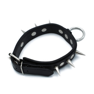 Zwarte Leren Halsband met Spikes en O-Ring - Afbeelding 3