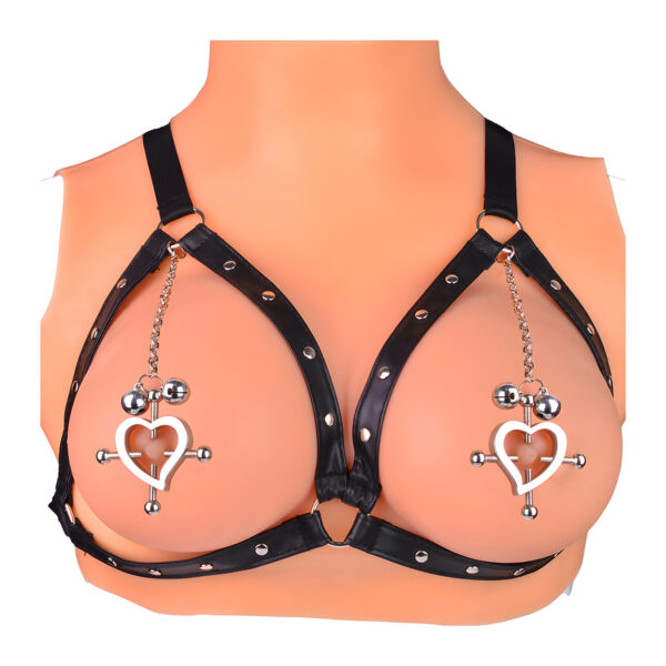 PU-Leren Harnas met Hartvormige Tepelklemmen en Belletjes van Kiotos BDSM, GTIN: 8721284280583